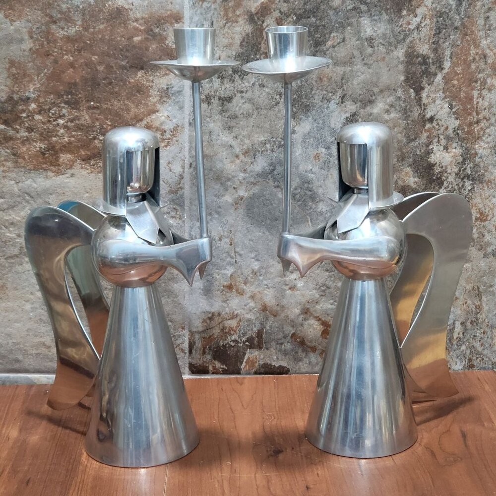 Vintage Banka Tin Metal Angel Silver Tone 14 Inches Tall Candle Holder Set of 2